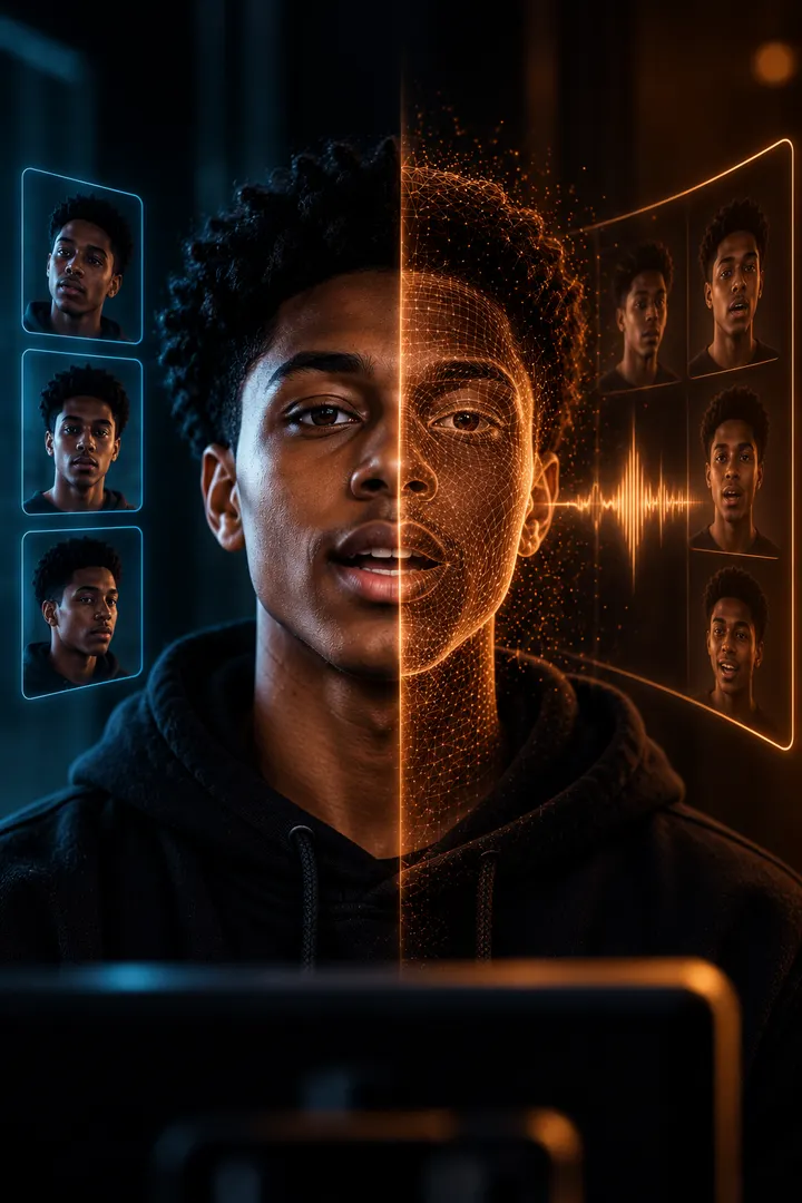 A portrait resolving from photographic on one side into a lit particle mesh on the other.